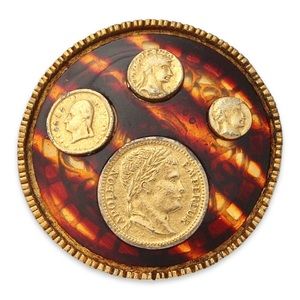 Vintage Coro Napoleon Coin Brooch Pin Faux Tortoise Shell Gold Tone Rare